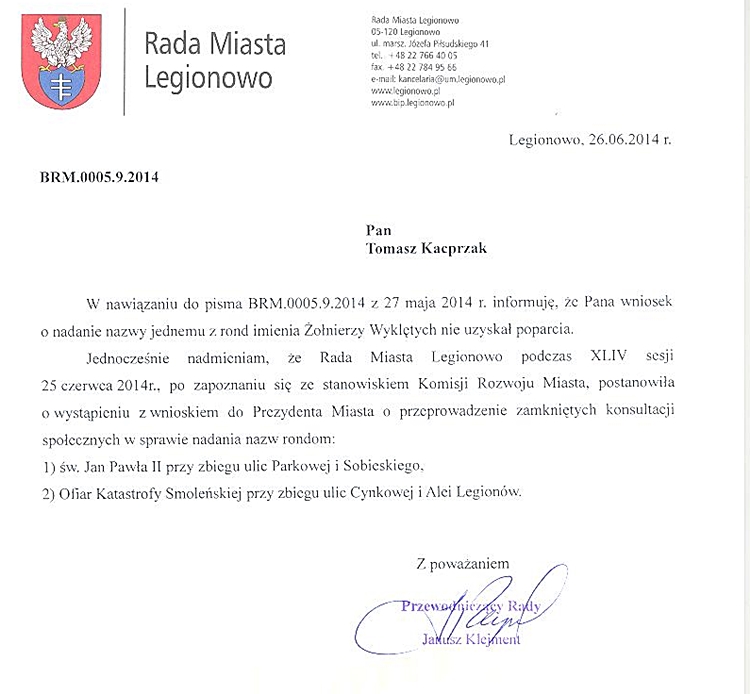 Odpowiedź Rady Miasta Legionowo na wniosek Tomasza Kacprzaka