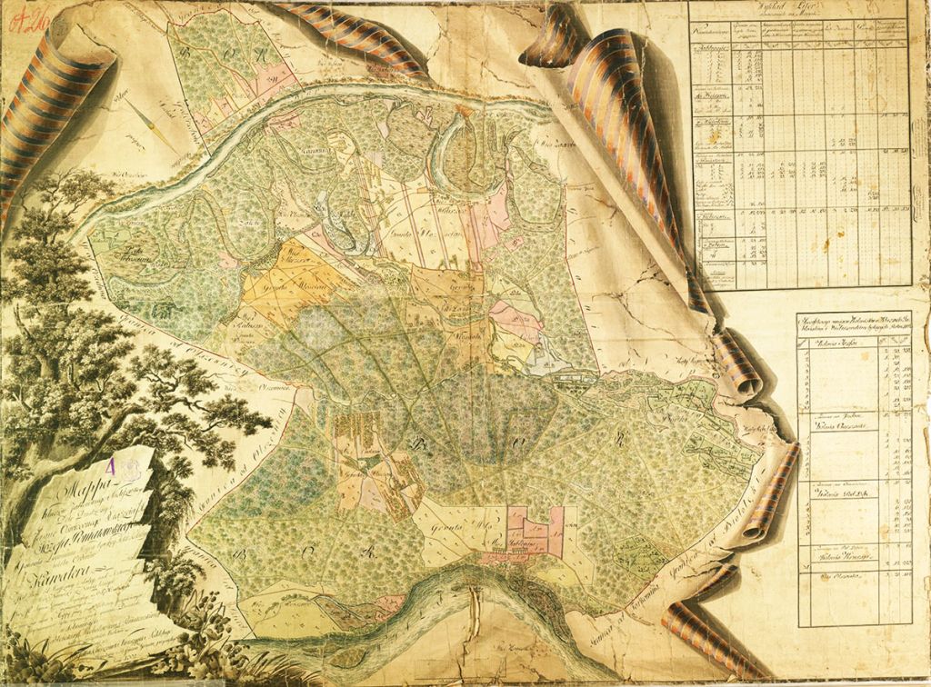 Mapa kluczy jabłonowskiego i wieliszewskiego, dóbr dziedzicznych księcia Józefa Poniatowskiego wymierzonych przez geometrę przysięgłego Petersona w 1786 r. i naniesionych na mapę w 1802 r. (AGAD, Zbiór Kartograficzny, sygn. 503-26)