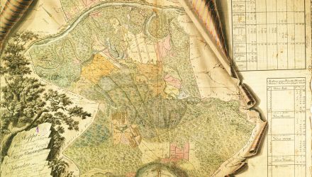 Mapa kluczy jabłonowskiego i wieliszewskiego, dóbr dziedzicznych księcia Józefa Poniatowskiego wymierzonych przez geometrę przysięgłego Petersona w 1786 r. i naniesionych na mapę w 1802 r. (AGAD, Zbiór Kartograficzny, sygn. 503-26)