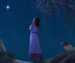 Kadr z animacji ,,Życzenie". Asha wypowiadająca życzenie do gwiazdki na niebie.
