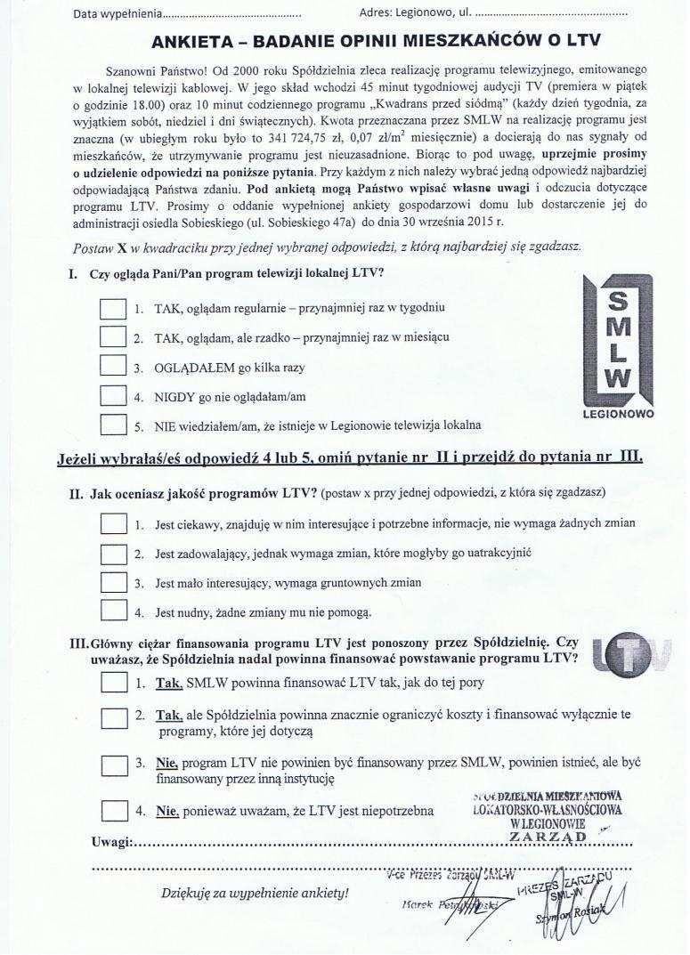 Jeszcze tylko do jutra (30 września) legionowianie mogą wypelniać spółdzielczą ankietę o "LTV", fot. GP/ms