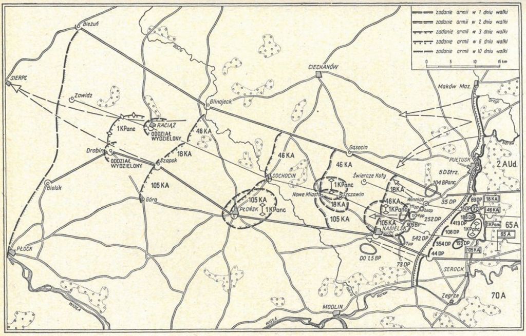 Plan natarcia z przyczółka serocko-pułtuskiego w 1945 r. (P. Batow, Znad Narwi do Wisły i Gdańska, „Wojskowy Przegląd Historyczny” 1971, t. XVI, s. 171).