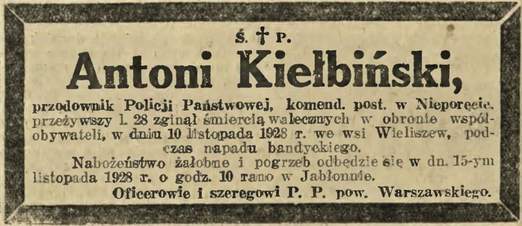 Nekrolog o śmierci przod. Kiełbińskiego i mszy pożegnalnej w Jabłonnie („Kurjer Poranny” nr 317 z 14 listopada 1928 r.).