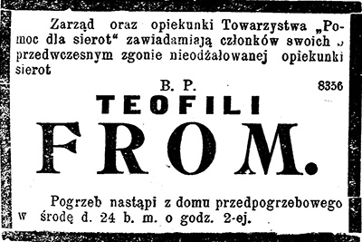 Nekrolog Teofili From („Nowa Gazeta” wydanie poranne nr 384 z 24 sierpnia 1910 r.)