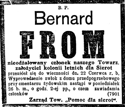 Nekrolog Bernarda Froma („Nowa Gazeta” wydanie poranne nr 286 z 25 czerwca 1911 r.)