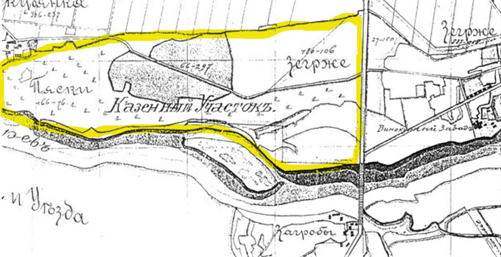 „Gaj Piaski” - teren przeznaczony pod budowę fortu i jego przedpola – część obecnego poligonu (Plan častiej iměnij Zegrze i Izbica łomzynskoj guberni pułtuskovo ujezda s pokazaniem esplanabnavo rajona [fragment], 1890)