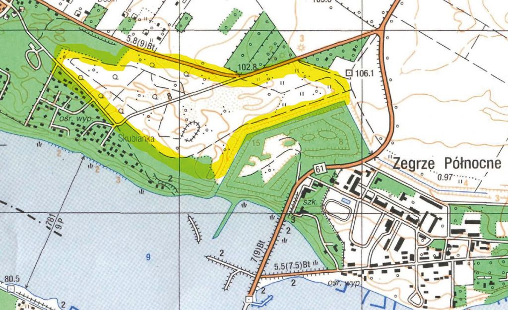 Obszar poligonu obecnie (wojskowa mapa topograficzna N-34-127- C-a [fragment], 1991)