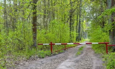 Legionowo, Poland - May 8, 2020: Road to the forest closed with a barrier. Sign of the Jabłonna forest district.