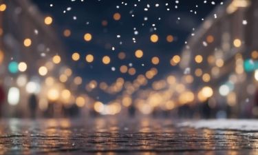 AI Generated. Beautiful blurred street of festive night or evening city with snowfall and Christmas lights Abstract christmas defocused background