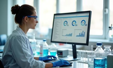 Female researcher works at lab desk in front of computer monitor. Analyzes tech stats displayed on screen. Lab equipment, test tubes visible on desk. Lab environment suggests research development in