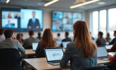 Students attend online lecture in modern classroom. Teacher on screen, distance learning. Connection, communication, collaboration via internet, laptop. Virtual education, hybrid academic seminar