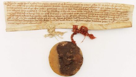 Bolesław książę mazowiecki nadaje klasztorowi w Czerwińsku wieś Powielin (Codex diplomaticus et commemorationum Masoviae generalis, wyd. J. K. Kochanowski, Warszawa 1919, nr 447). Archiwum Główne Akt Dawnych, Zbiór dokumentów pergaminowych nr 6436