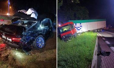 Zderzenie auta osobowego i pojazdu ciężarowego na DK 62 w Maryninie (fot. KP PSP w Legionowie)